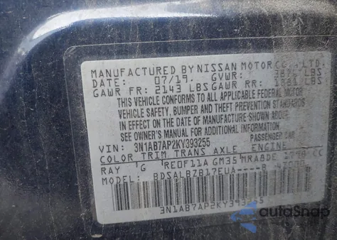 2019 Nissan Sentra S/Sv/Sr/Sl z USA, uszkodzony, nr VIN 3N1AB7AP2KY393255